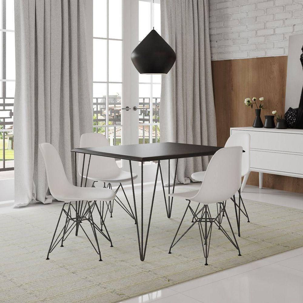 Mesa Sala De Jantar Industrial Preta 120X75 Com 4 Cadeiras Brancas De Ferro Preto Cor: Preto