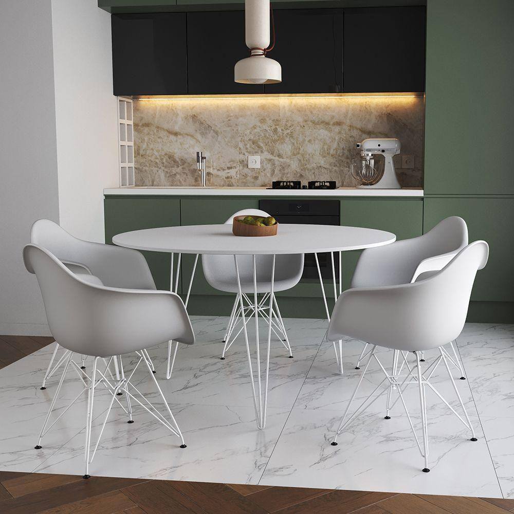 Mesa Jantar Redonda 110Cm Branca Clips 3 Pés Com 5 Poltronas Brancas Ferro Branco - Cor: Branco