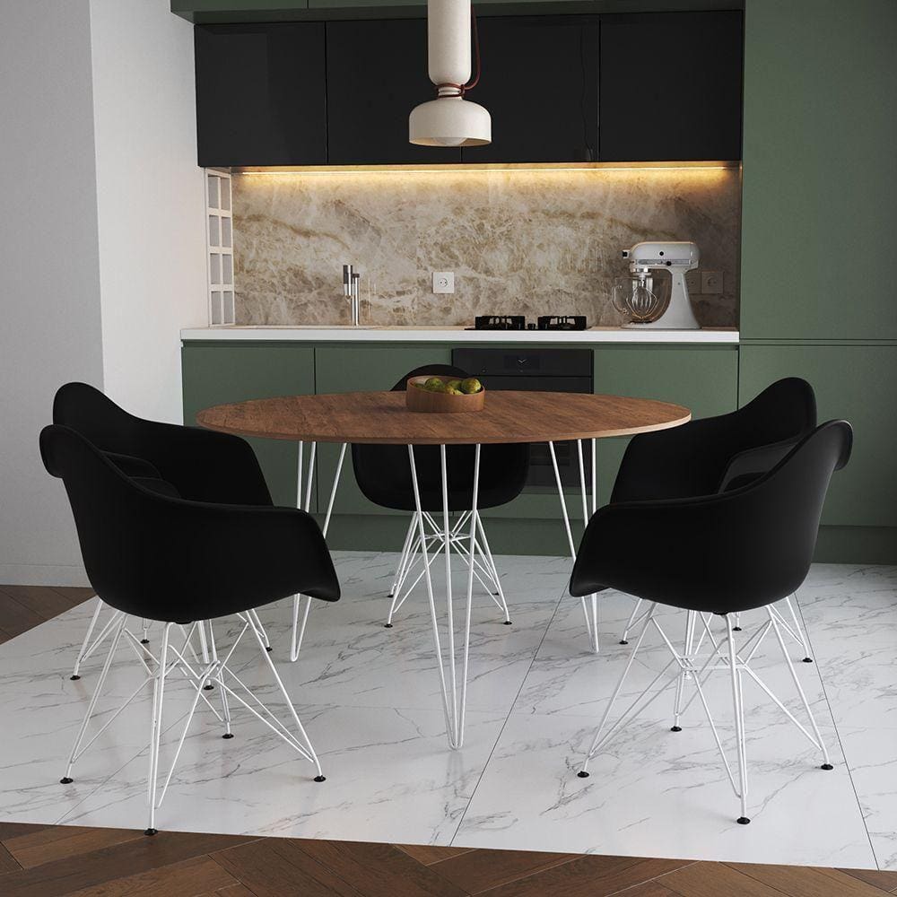 Mesa Jantar Redonda 110Cm Amêndoa Clips 3 Pés Com 5 Poltronas Pretas Ferro Branco - Cor: Amendoa