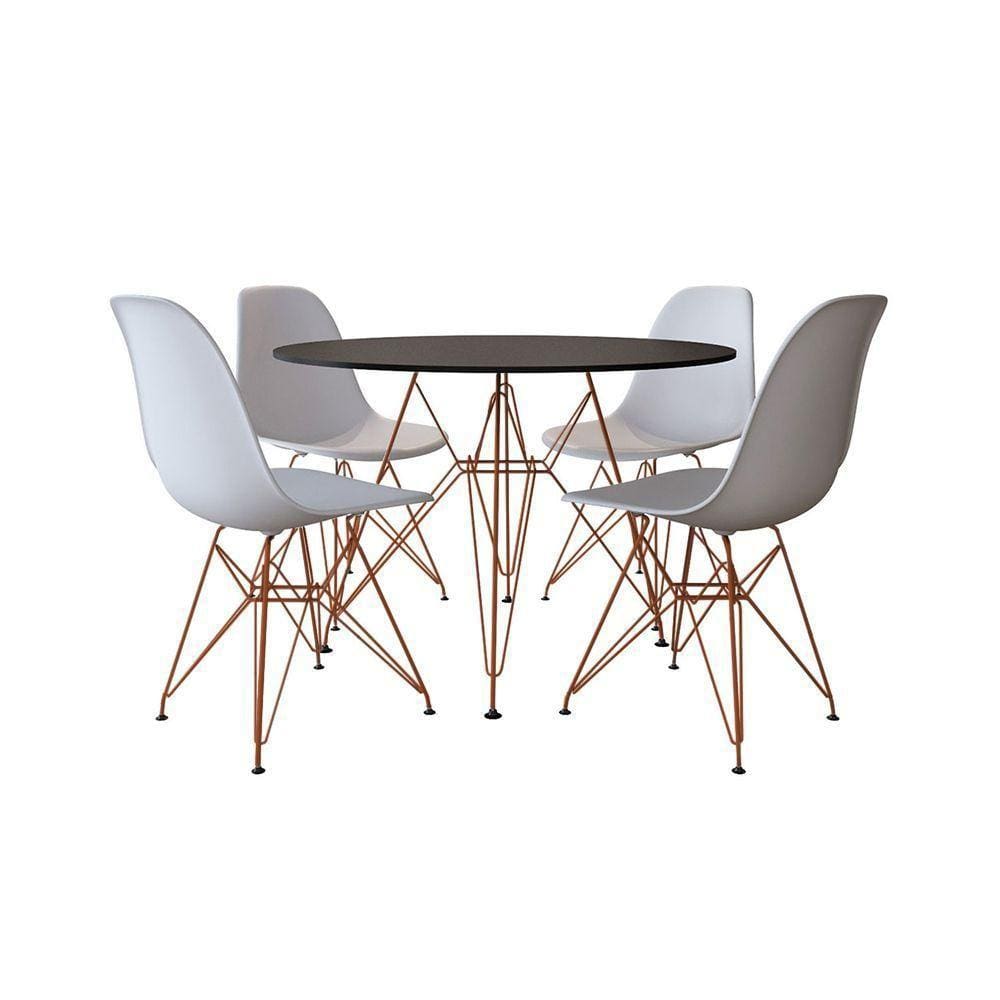 Mesa De Jantar Com 4 Cadeiras Brancas Tampo Redondo Preto 110Cm Com Base Em Ferro Cobre