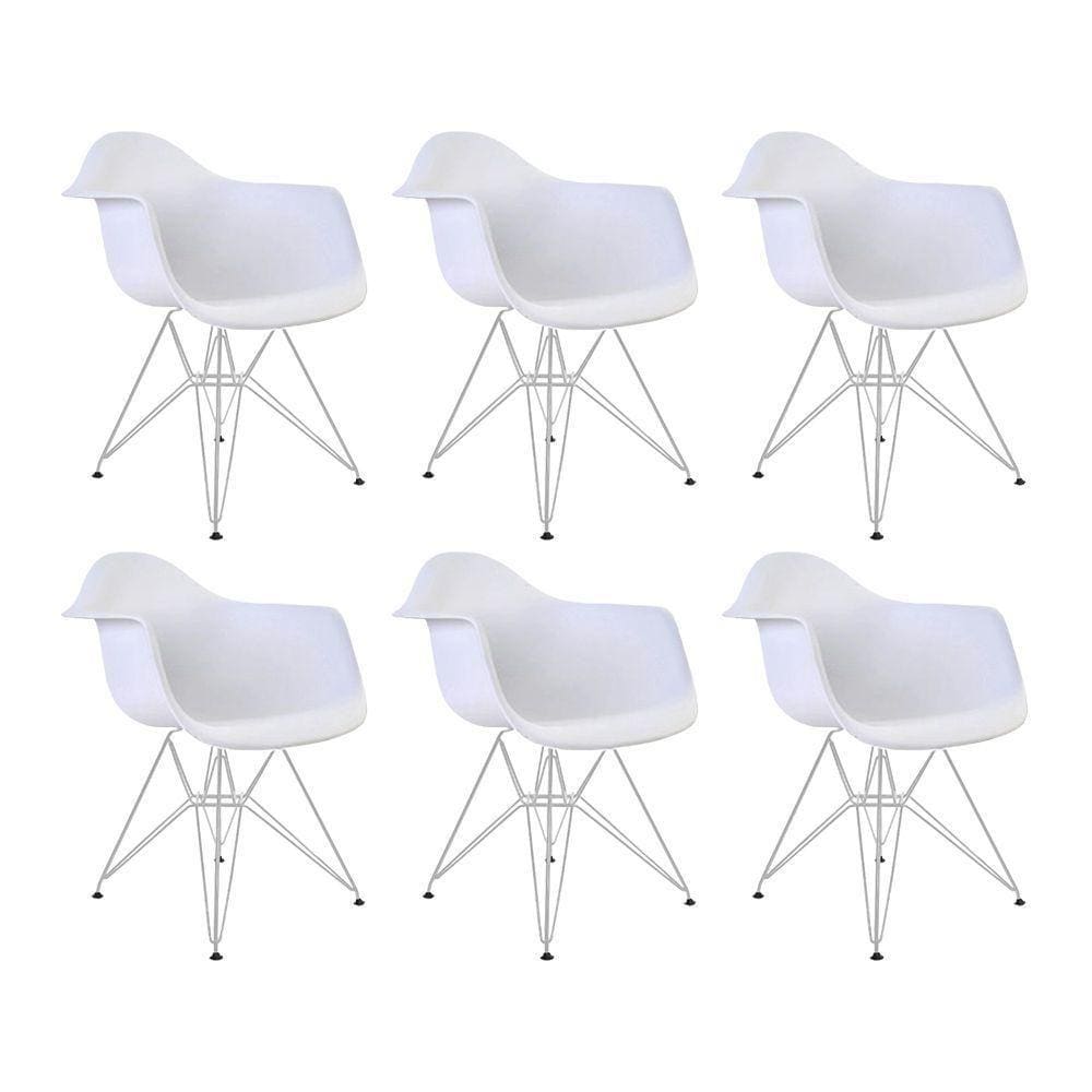 Kit 6 Poltronas Eames Eiffel Branca Com Braço Daw Ferro Branco - Cor: Branco