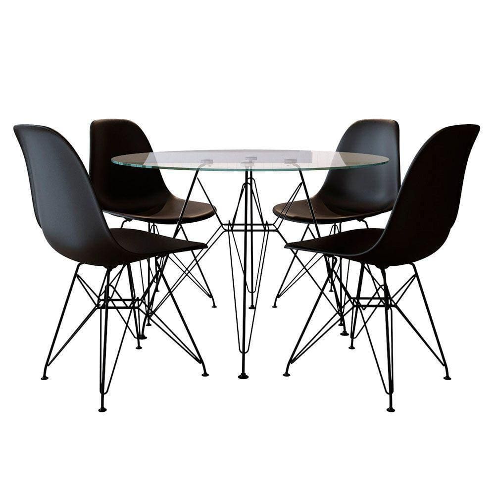 Mesa Jantar De Ferro Preto Tampo Redondo 90Cm Vidro 4 Cadeiras Pretas