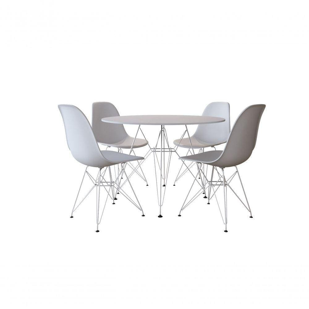 Conjunto Jantar De Ferro Branco Tampo Redondo Branco 90Cm Com 4 Cadeiras Brancas