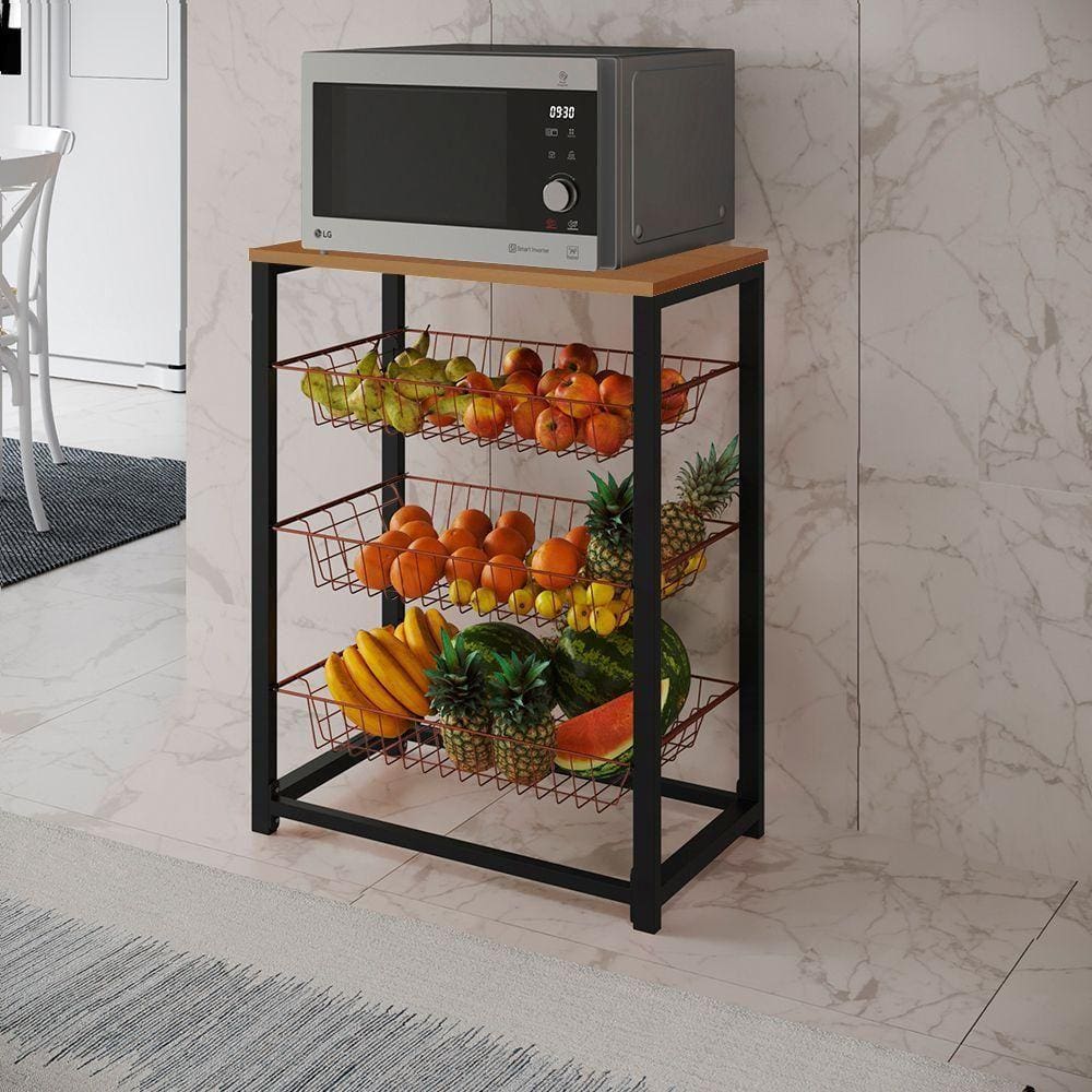 Fruteira Com Suporte Para Micro-Ondas Barcelona Aço Preto Cesto Cobre Tampo Canela Cor: Canela