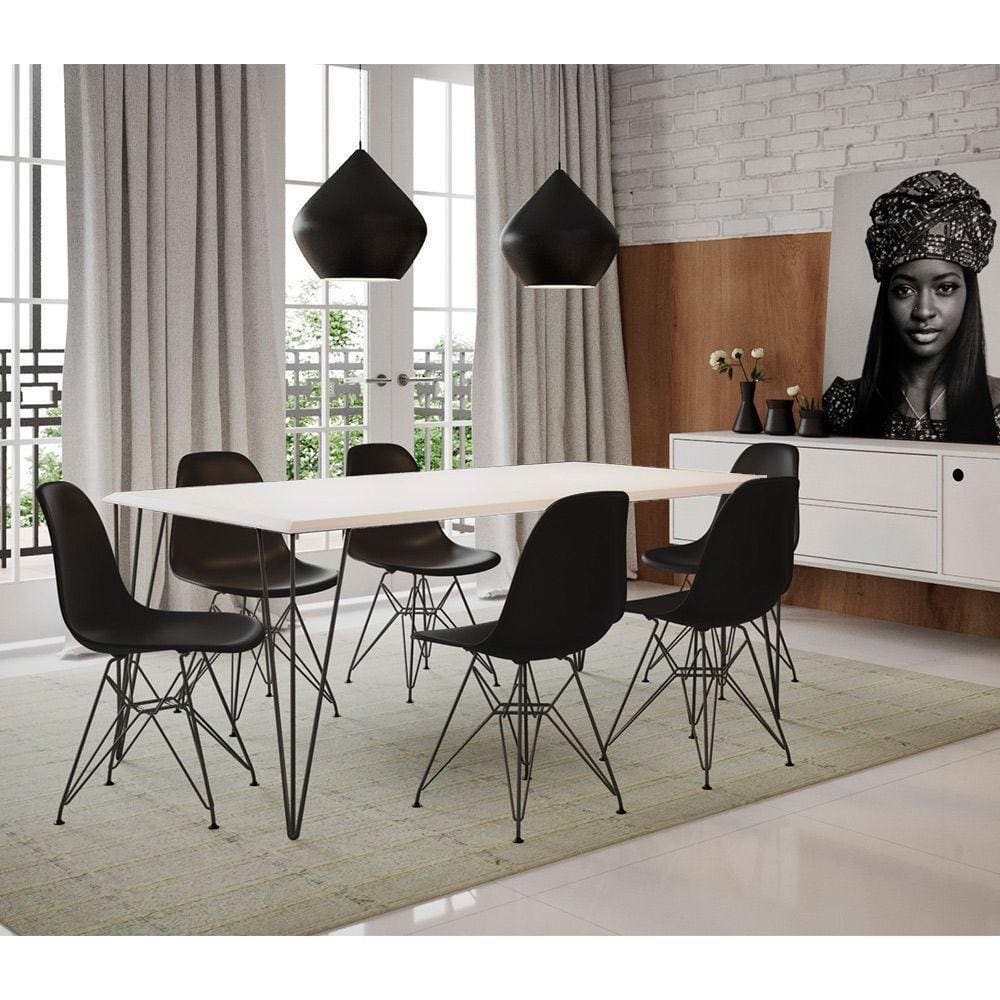 Mesa Sala De Jantar Industrial Branca 135X75 Com 6 Cadeiras Pretas De Ferro Preto Cor: Branco