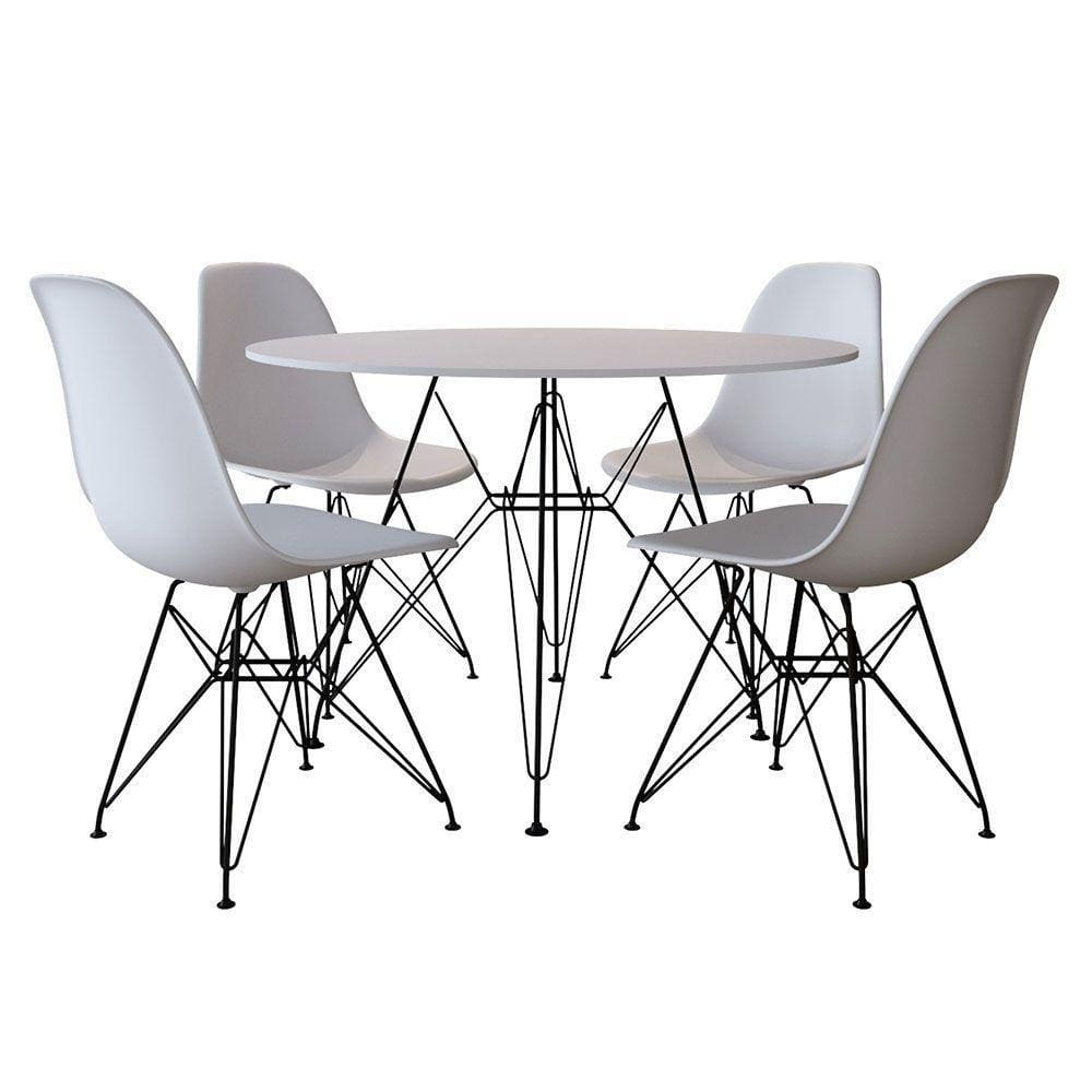 Mesa De Jantar Com 4 Cadeiras Tampo Redondo Branco 90Cm Base De Ferro Preto Cor: Branco