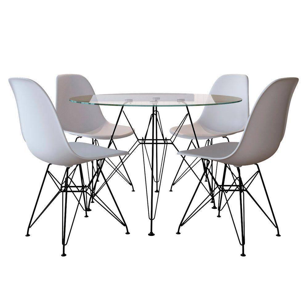 Mesa Jantar De Ferro Preto Tampo Redondo 90Cm Vidro 4 Cadeiras Brancas