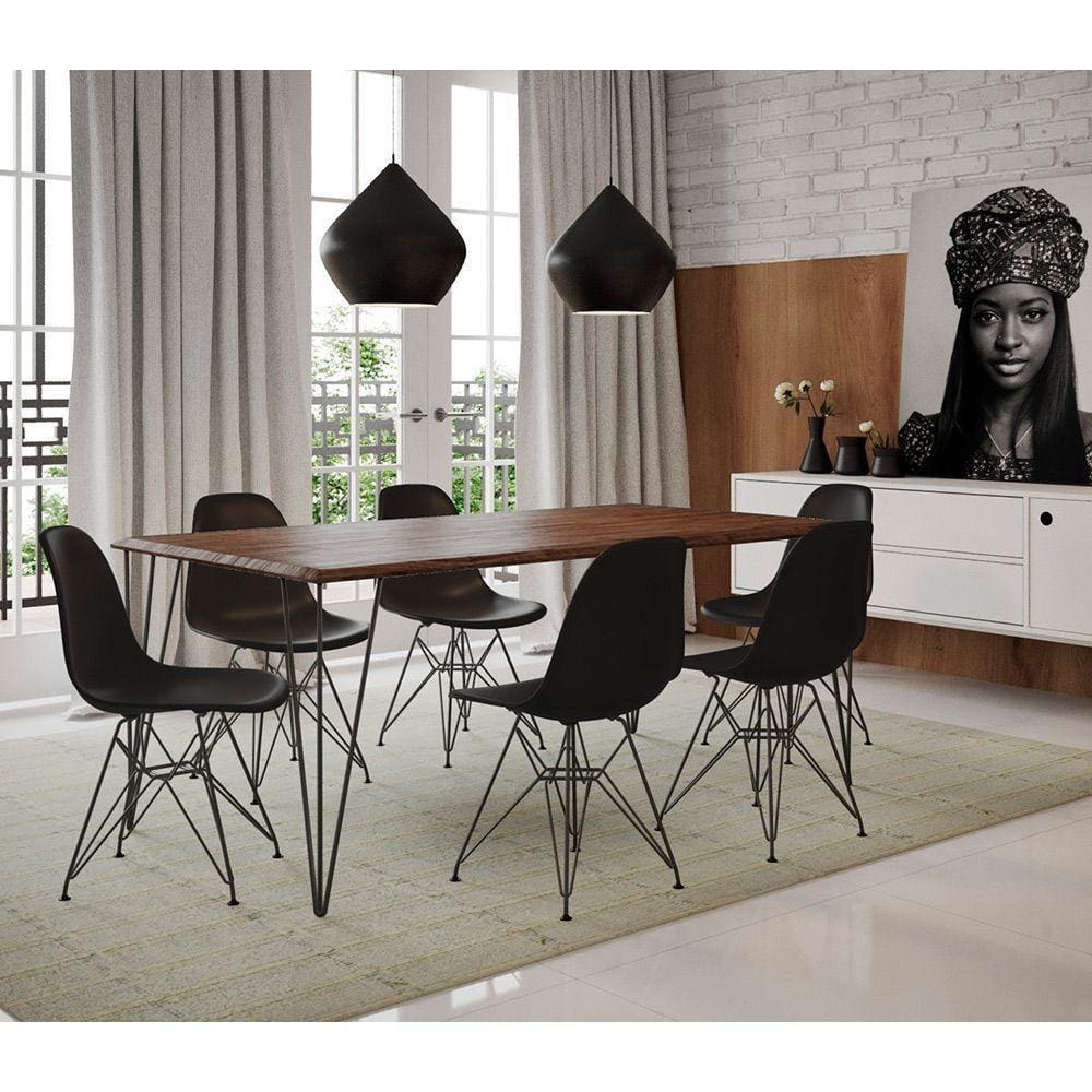 Mesa Sala De Jantar Industrial Amêndoa 135X75 Com 6 Cadeiras Pretas De Ferro Preto Cor: Marrom