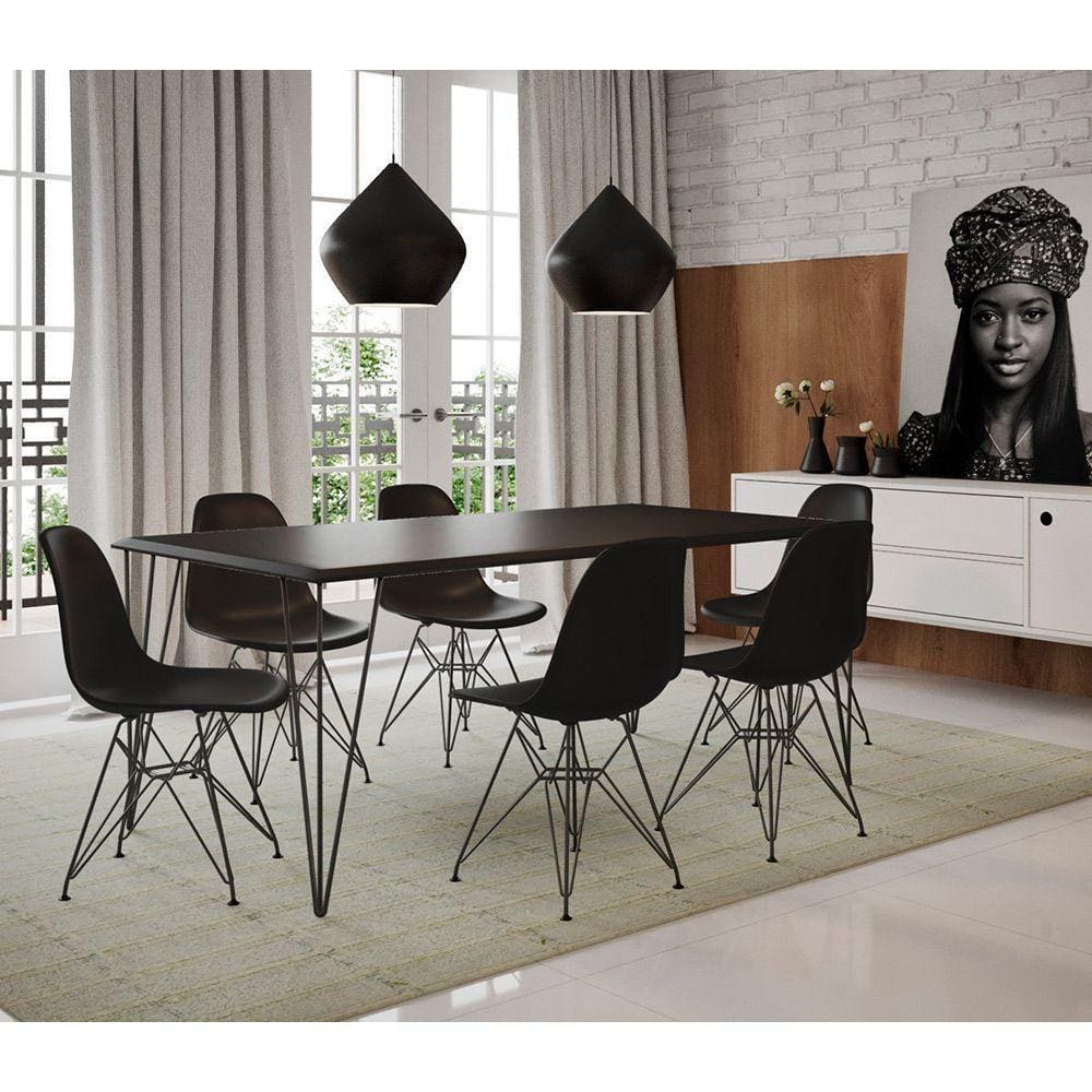 Mesa Sala De Jantar Industrial Preta 135X75 Com 6 Cadeiras Pretas De Ferro Preto Cor: Preto