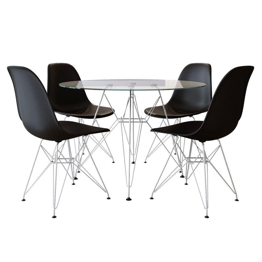 Sala De Jantar Mesa Redonda Vidro 90Cm Base Ferro Branco Com 4 Cadeiras Pretas Cor: Preto