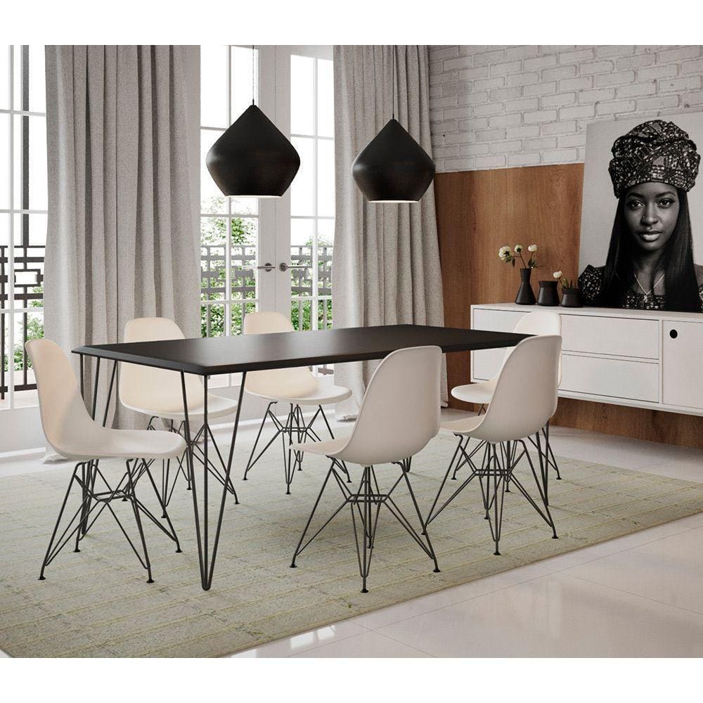 Mesa Sala De Jantar Industrial Preta 135X75 Com 6 Cadeiras Brancas De Ferro Preto Cor: Preto