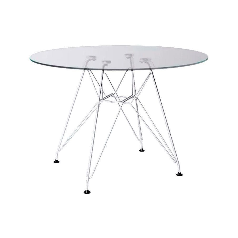 Mesa Ferro Branco Tampo Redondo Vidro 90Cm