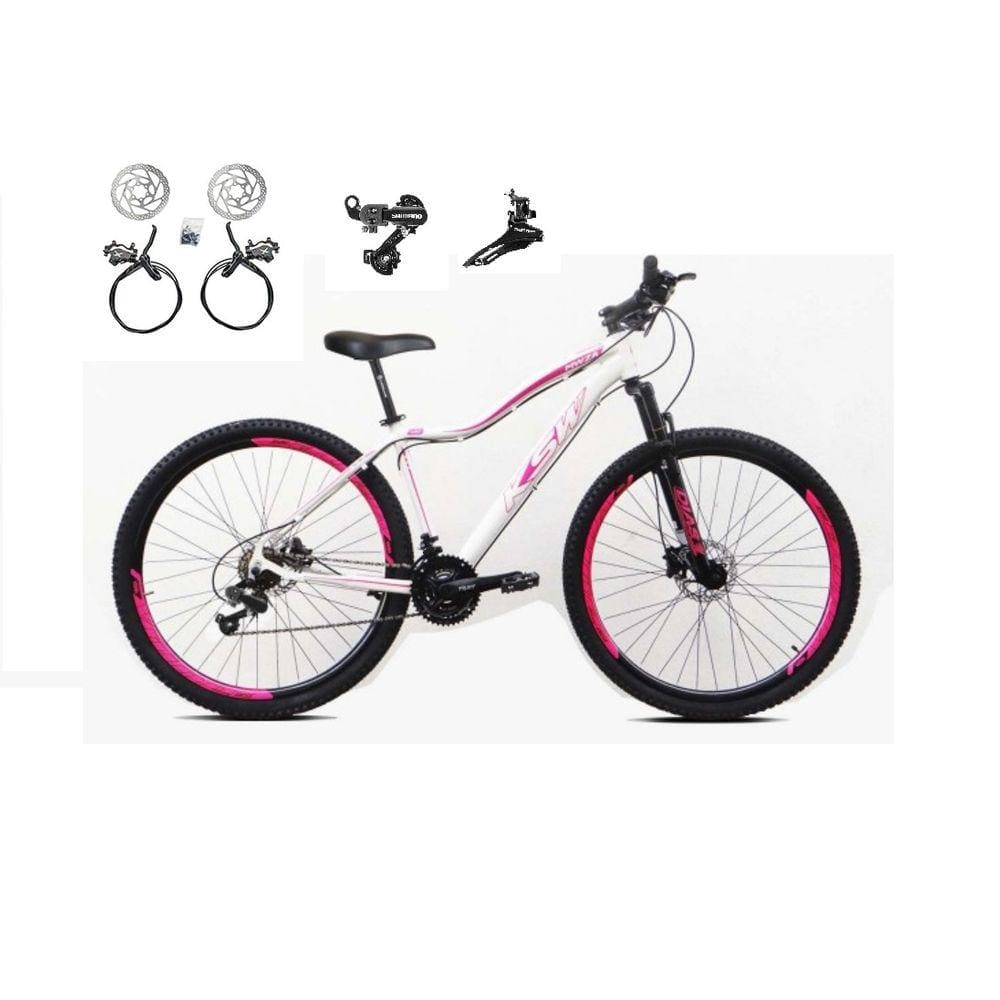 Bicicleta Feminina aro 29 Ksw Mwza 24v Câmbios Shimano Freios Hidráulicos Garfo com Suspensão - Branco/Rosa