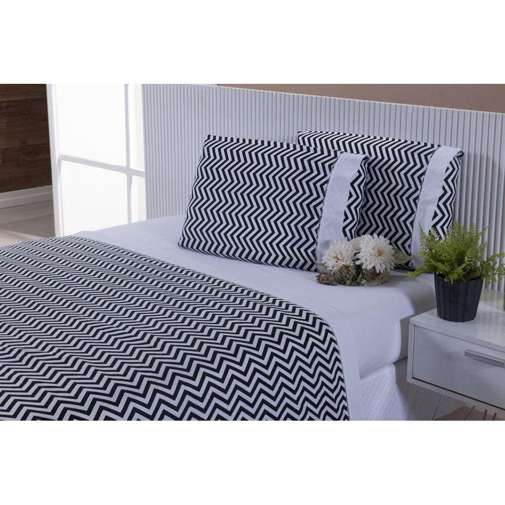 Jogo Lençol 4 Peças Cama Viúva Percal Estampa De Chevron