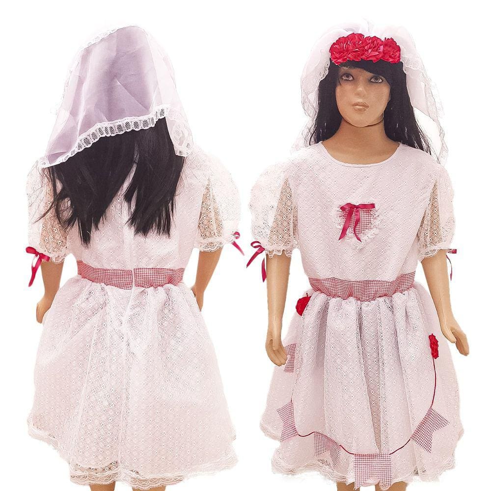 Vestido Festa Junina Noiva Infantil com Bandeirinhas e Véu