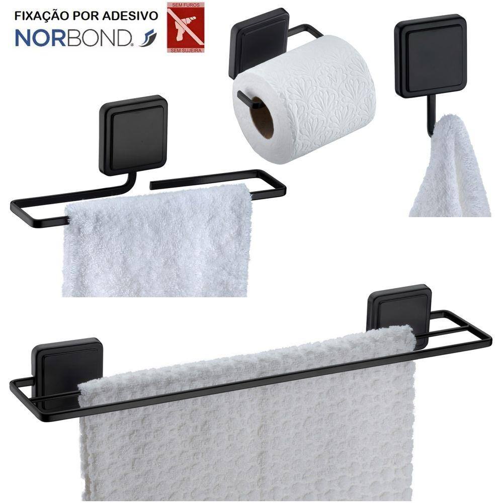 Kit 2 Toalheiros Suporte Papel Higiênico Gancho Multiuso Banheiro Adesivo Dupla Face Preto Fosco - Future