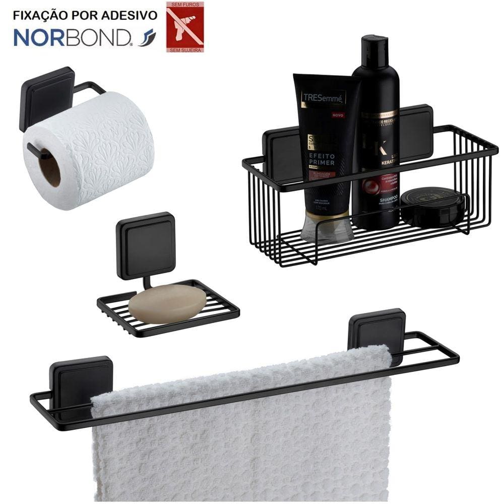 Kit Toalheiro Suporte Shampoo Saboneteira Porta Papel Higiênico Banheiro Adesivo Dupla Face Preto Fosco - Future