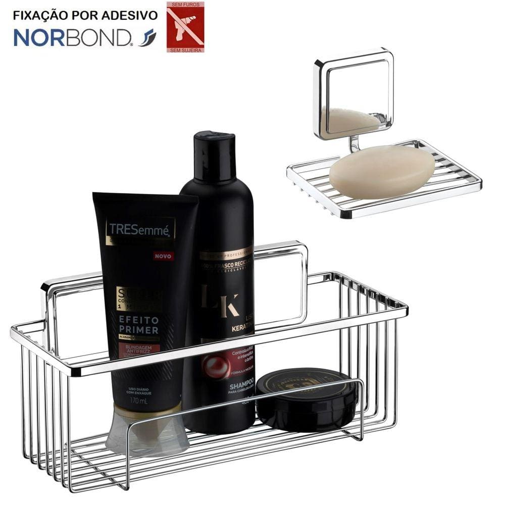 Kit Suporte Porta Shampoo Prateleira Saboneteira Banheiro Adesivo Dupla Face Cromado - Future
