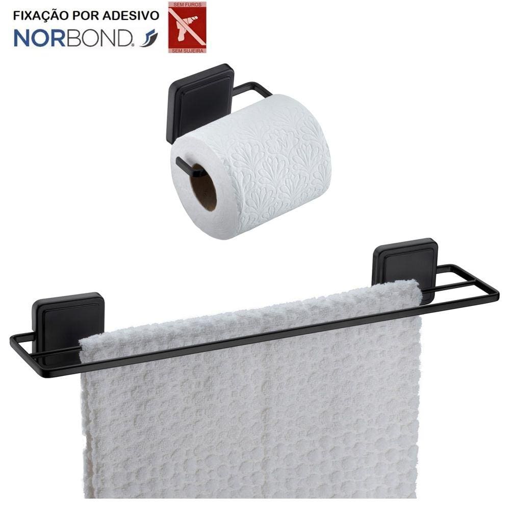 Kit Toalheiro Duplo Porta Toalha Suporte Papel Higiênico Banheiro Adesivo Dupla Face Preto Fosco - Future