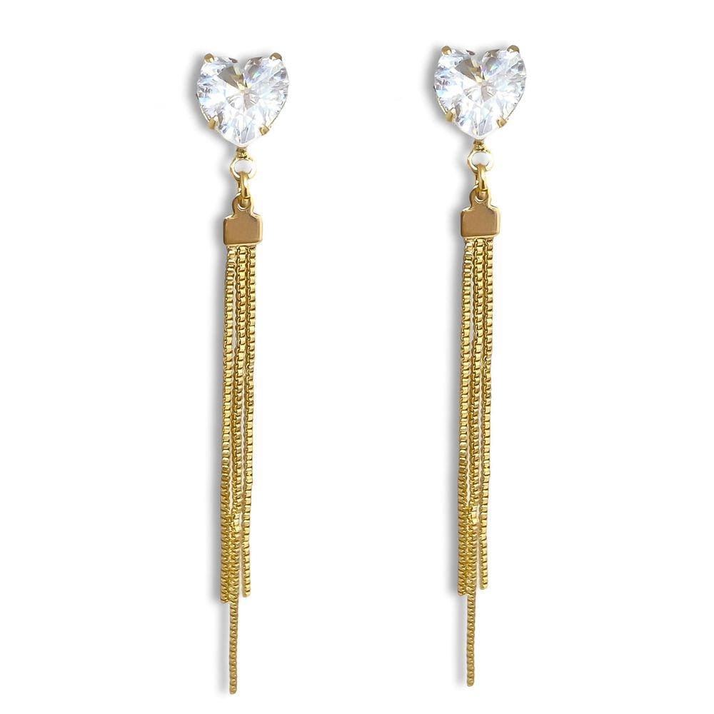 Brinco Comprido Coração Zircônia Cristal e Correntes Banhado a Ouro 18K Semijoia