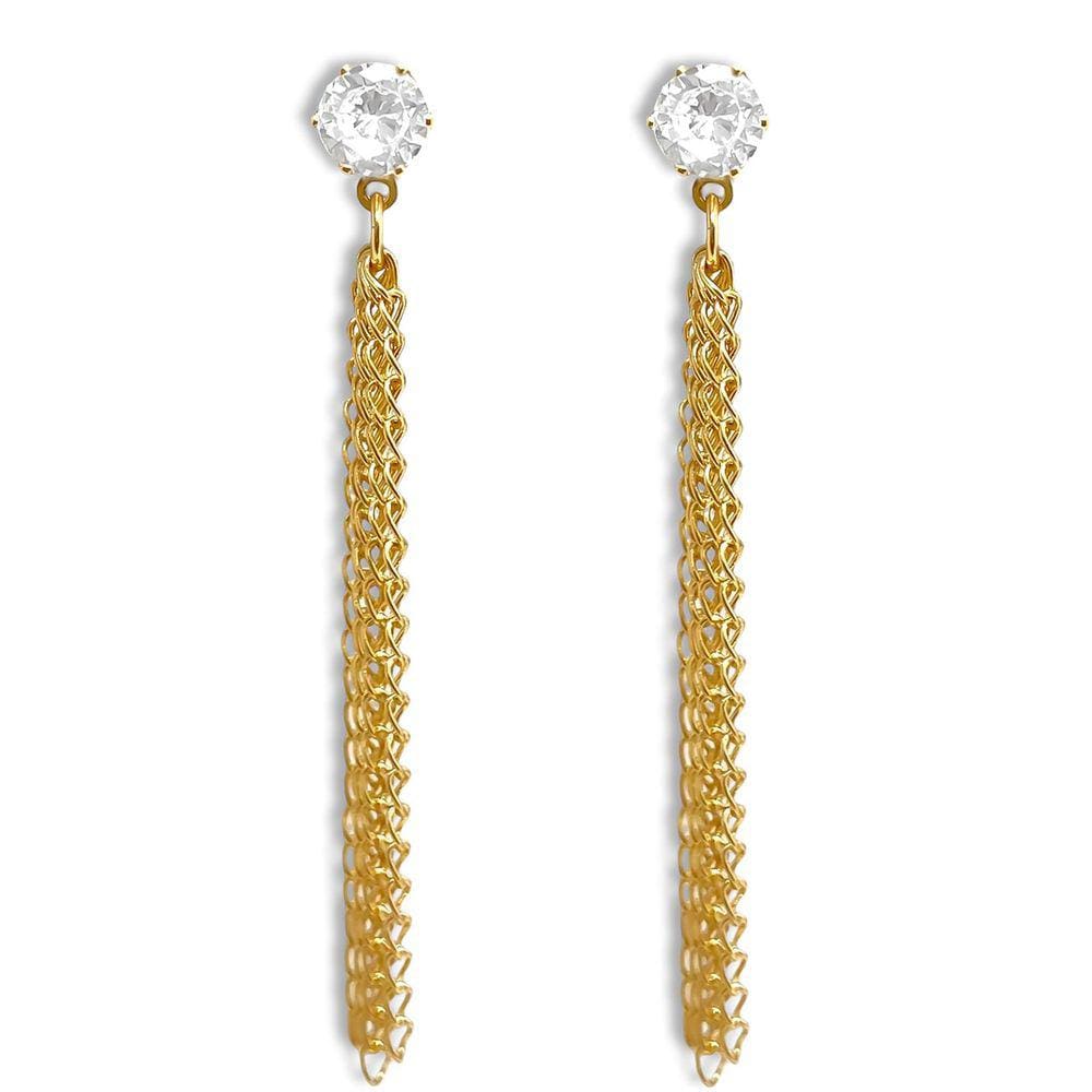 Brinco Comprido Zircônia Cristal e Correntes Banhado a Ouro 18K Semijoia