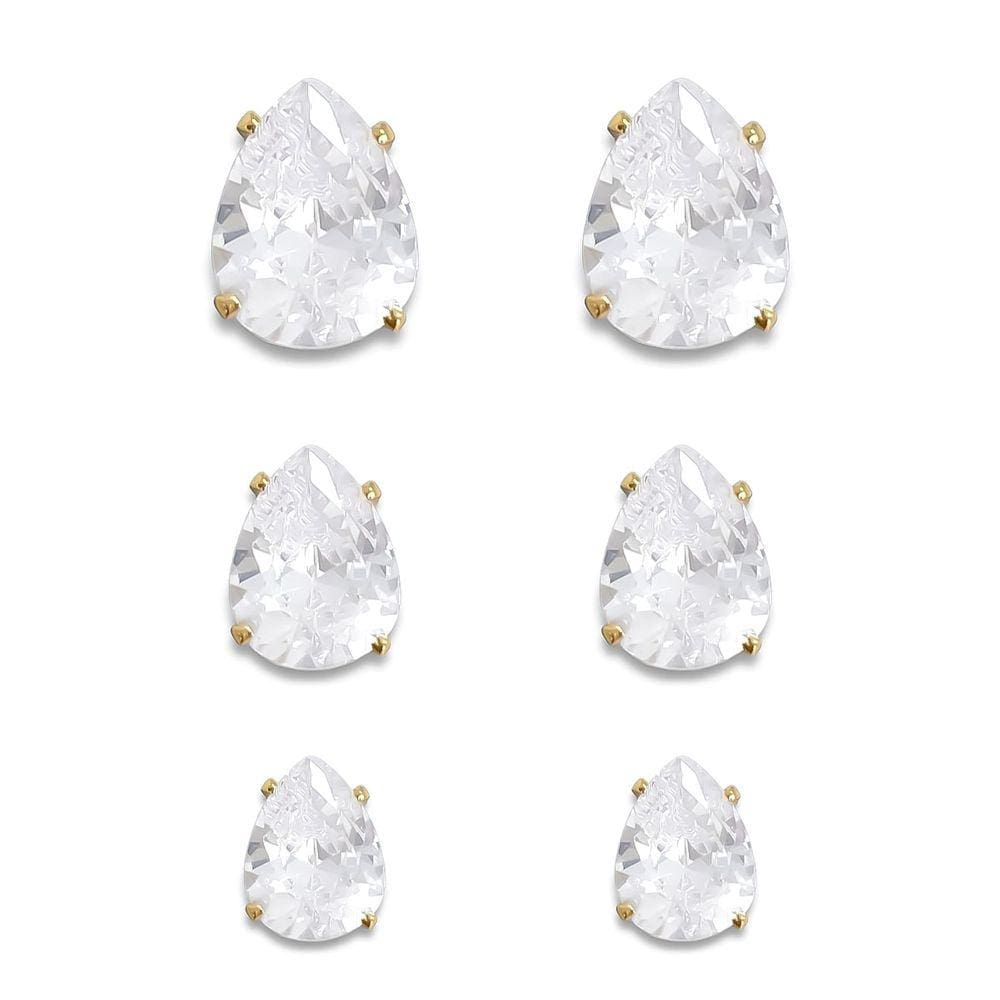 Trio de Brincos Gota Zircônia Cristal Banhado a Ouro 18K Semijoia