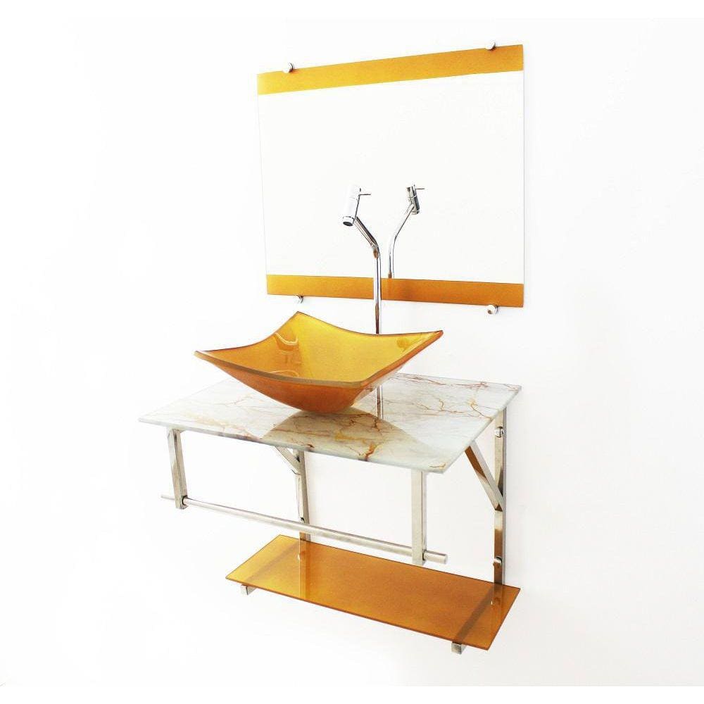 Gabinete De Vidro 60Cm Cuba Quadrada Mármore Branco Dourado