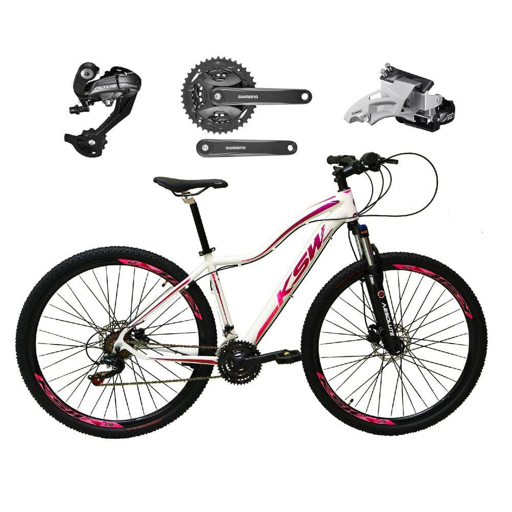 Bicicleta Feminina aro 29 Ksw Mwza 27v Câmbios Shimano Altus Freios Hidráulicos - Branco/Pink/Violeta