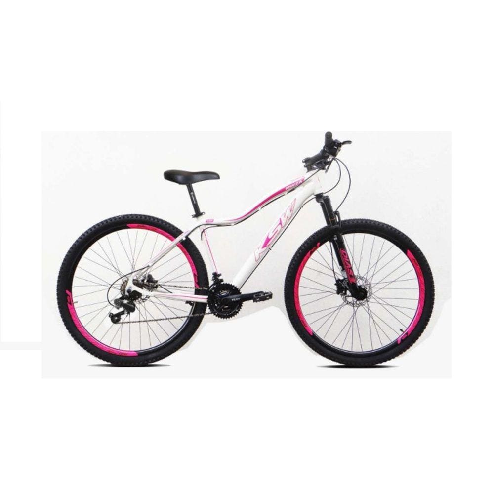Bicicleta Feminina Aro 29 Ksw Mwza Alumínio 27v K7 Freio a Disco Mecânico Garfo com Suspensão - Branco/Rosa