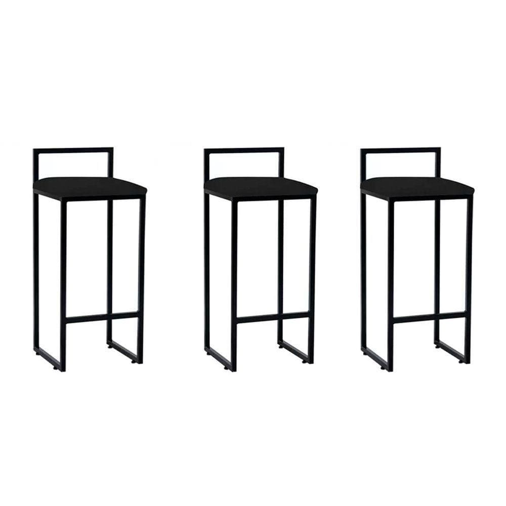 Kit 3 Banquetas Bar Cozinha Bistrô Altas Em Aço Industrial Dori Preta Assento Suede Preto - Preto