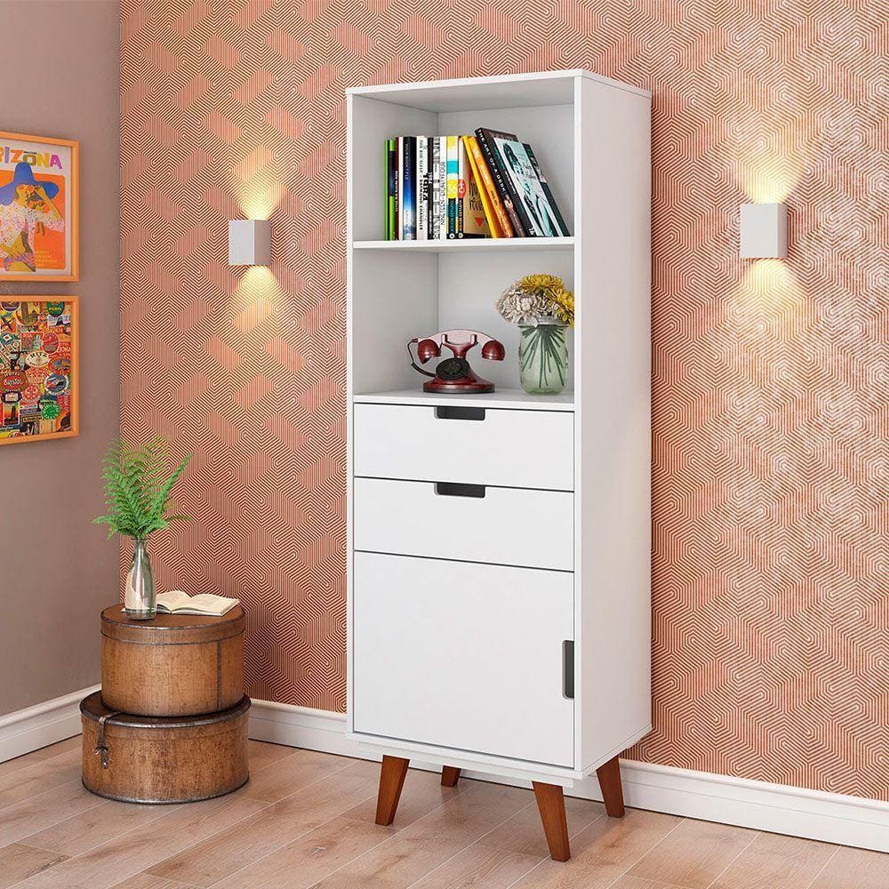 Estante Para Livros 1 Porta 2 Gavetas Paris Retrô Olivar - Cor: Branco