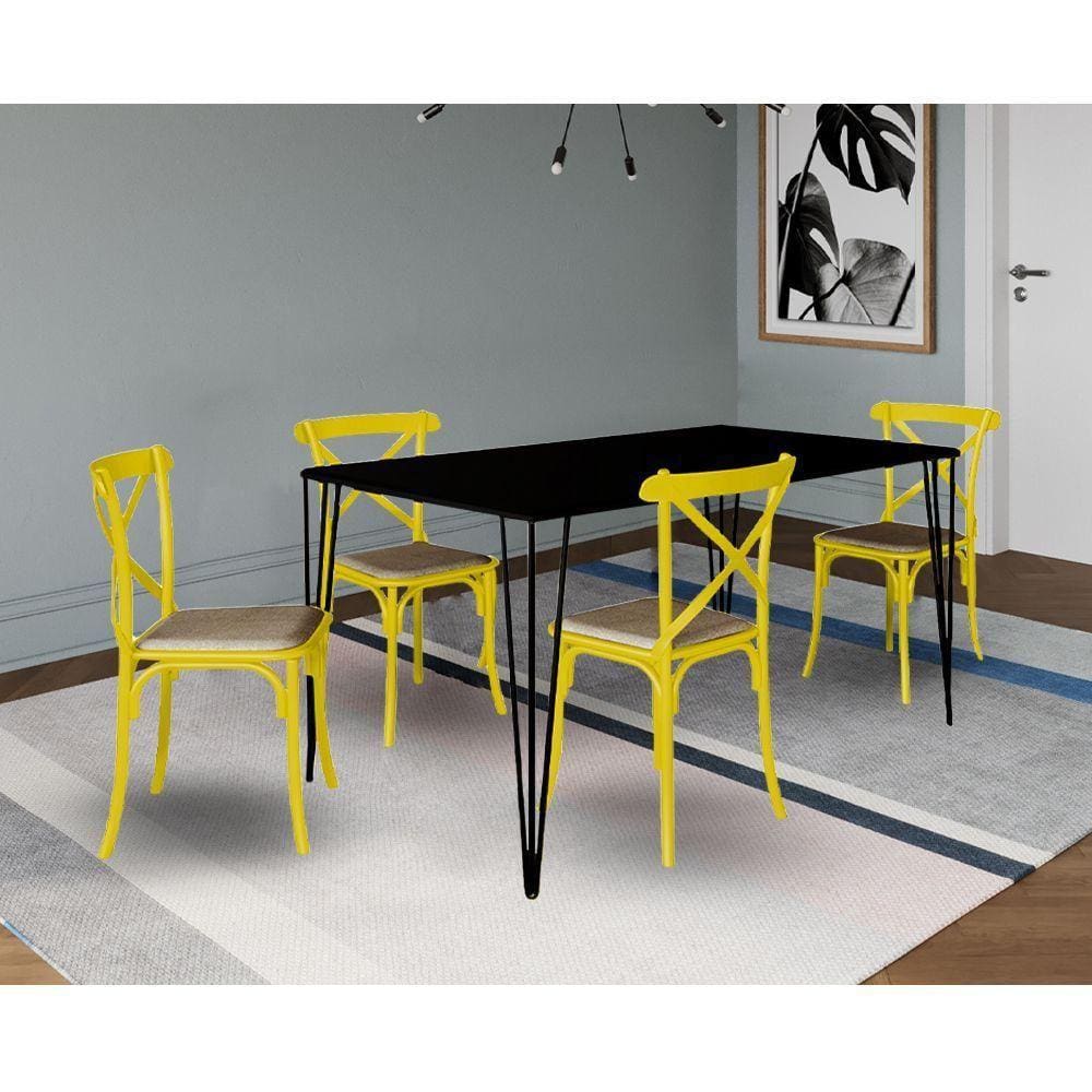 Jogo De Mesa Elen Retangular 140X80Cm Preto Com 4 Cadeiras Katrina Amarela Assento - Preto