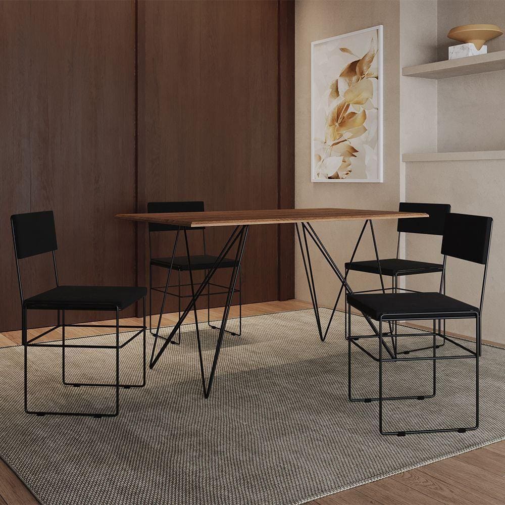 Mesa Jantar Industrial Trama 1,40X0,80M Amêndoa Com 4 Cadeiras Estofadas Vitória Preta