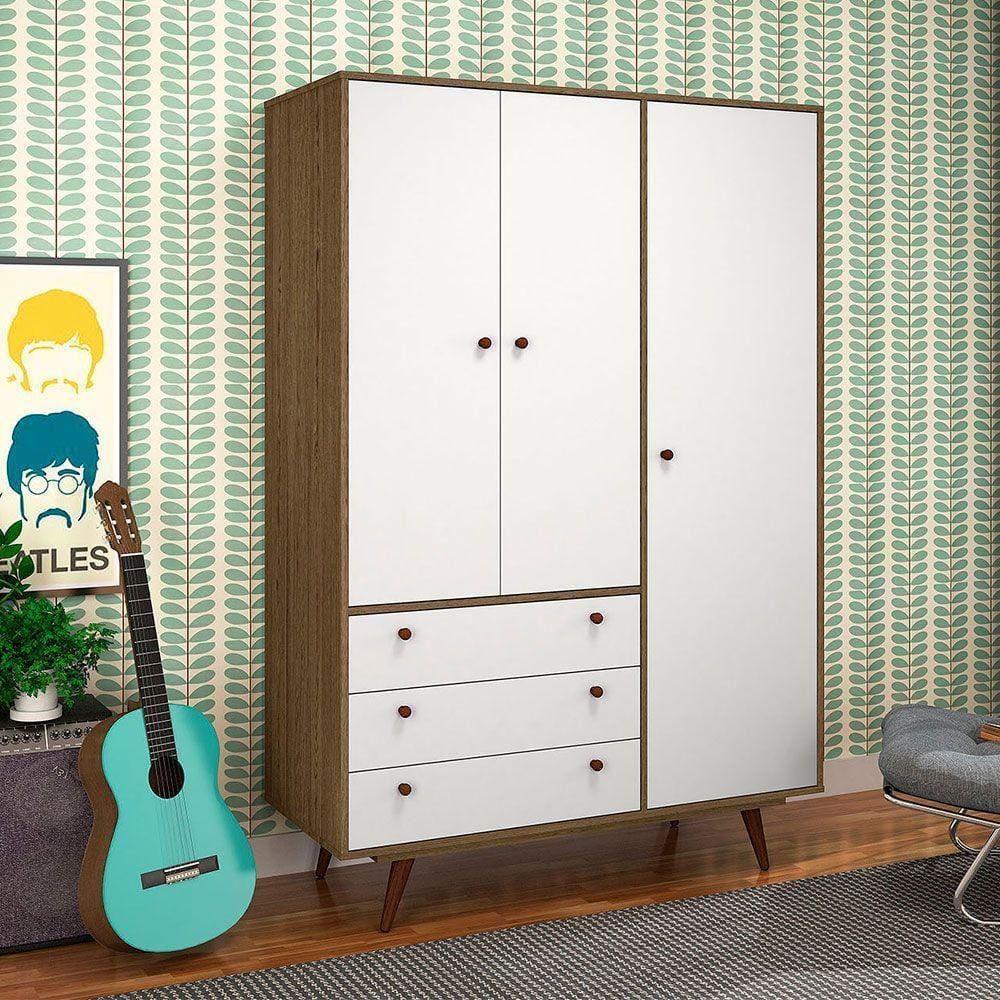 Guarda Roupa Solteiro 3 Portas 3 Gavetas Retrô 20 Olivar - Cor: Branco