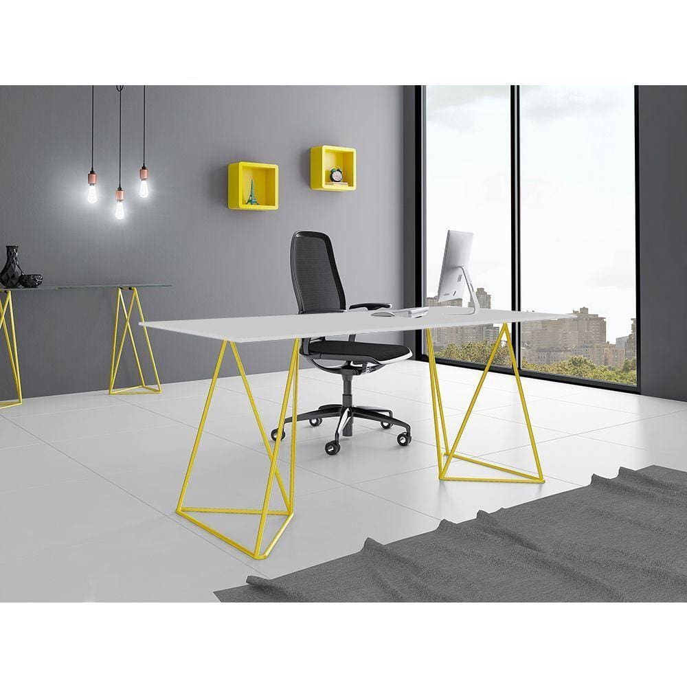 Escrivaninha Bela Vista Cavalete Tampo Branco Base Ferro Amarelo - Preto