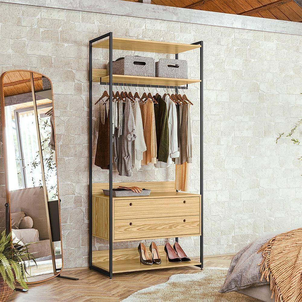 Closet Industrial Aberto Solteiro Cabideiro + 2 Gavetas - Pinus - Cor: Marrom