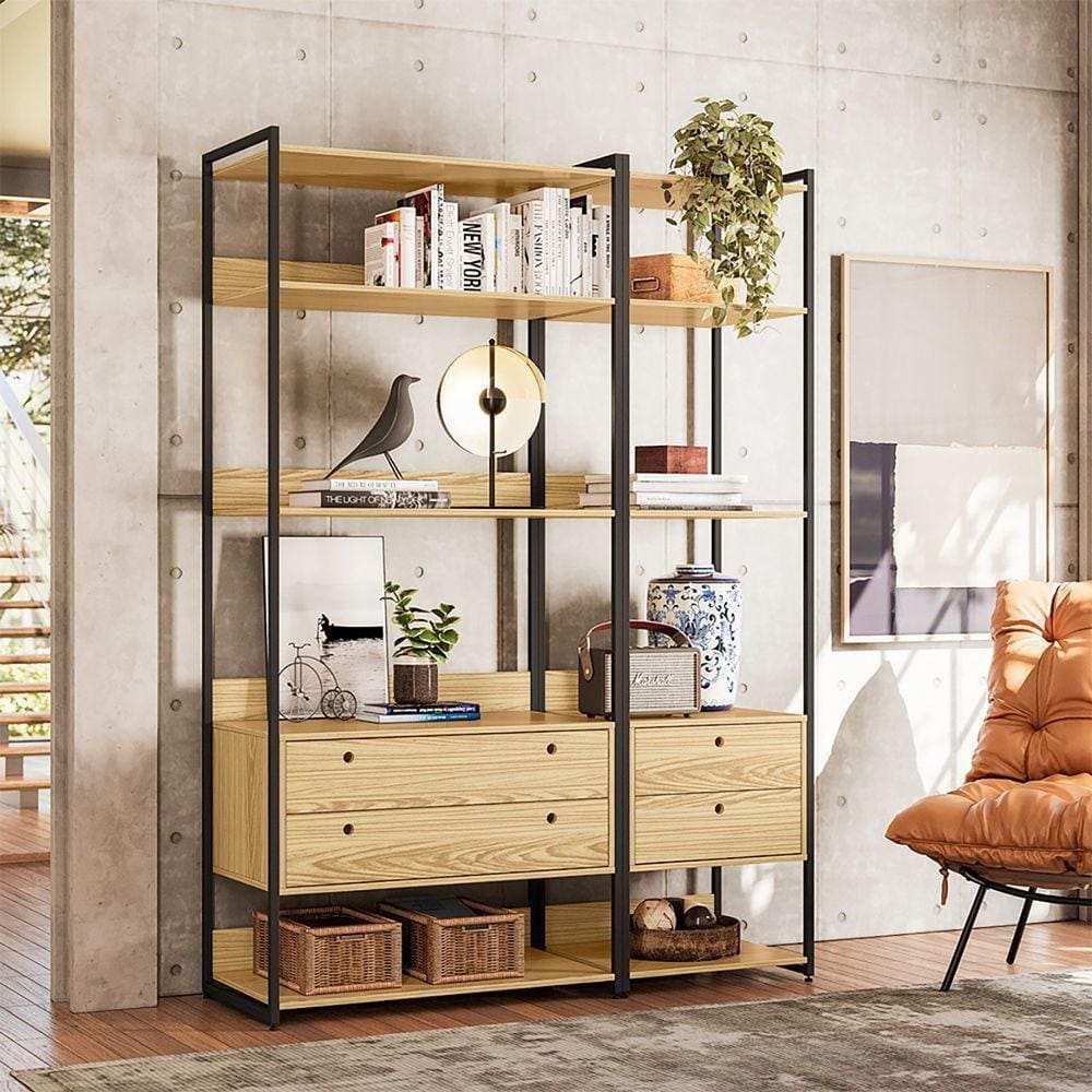 Conjunto De Estante P/ Livro Olivar 10 Prateleiras Abertos 143cm - Pinus - Cor: Marrom