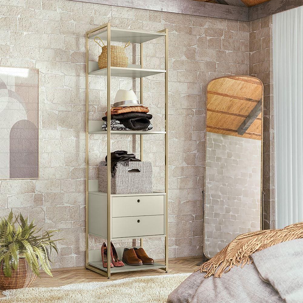 Closet Industrial Solteiro Aberto Armario Com 2 Gavetas - Off White - Cor: Off White
