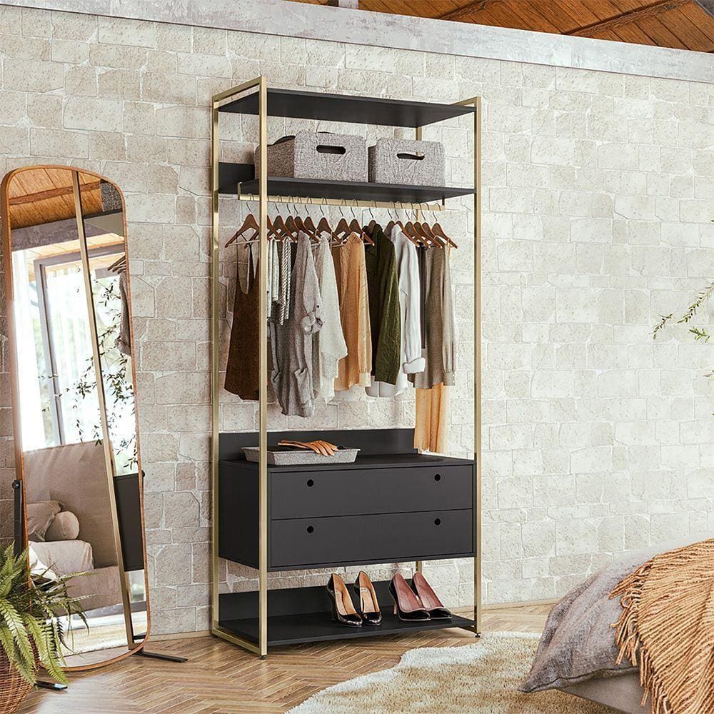 Closet Industrial Aberto Solteiro Cabideiro + 2 Gavetas - Preto - Cor: Preto