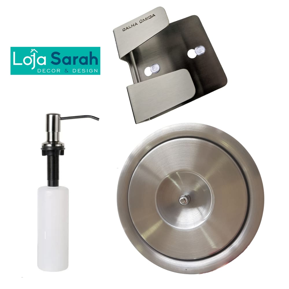Kit Lixeira Embutir tampa escovada 3l + Dosador + Porta Esponja Em Inox 304