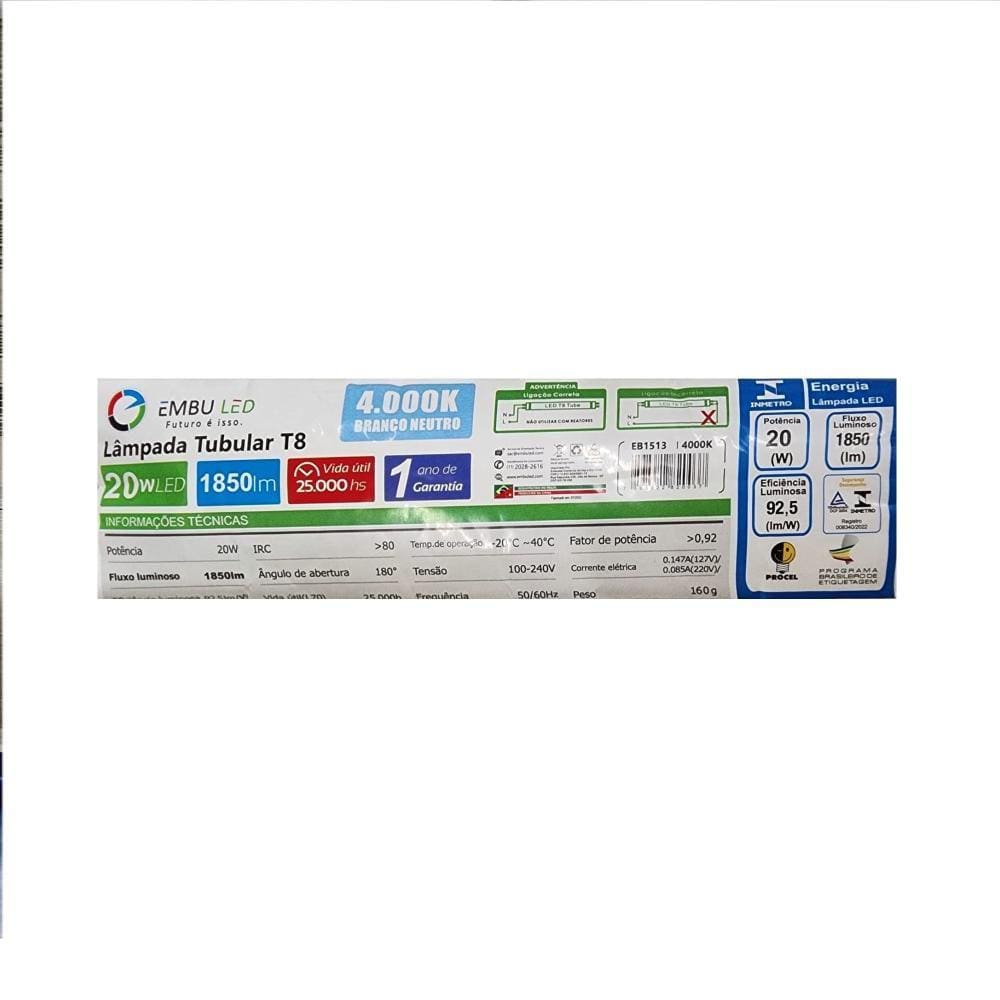 Kit 5 Lâmpada Led Tubular T8 20W 1,20mt Neutra 4000K Embuled
