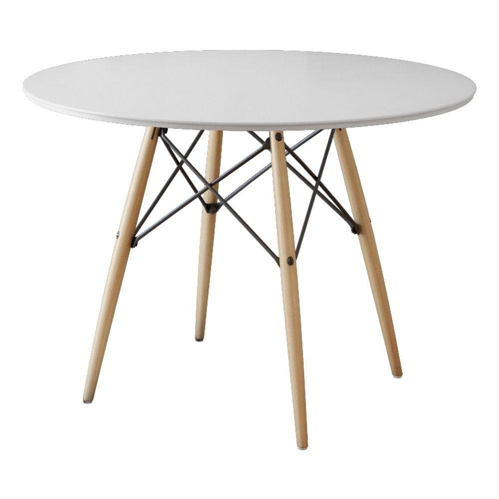 Mesa Eames Eiffel Redondo Tampo De Madeira 90Cm Branco - Branco