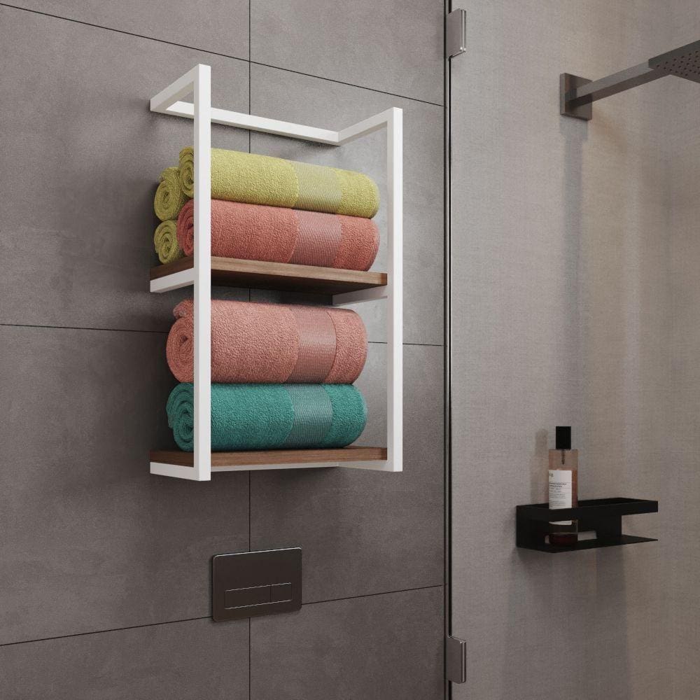 Toalheiro Para Banheiro Estilo Industrial Sahy - Branco E Prateleira Imbuia - Preto