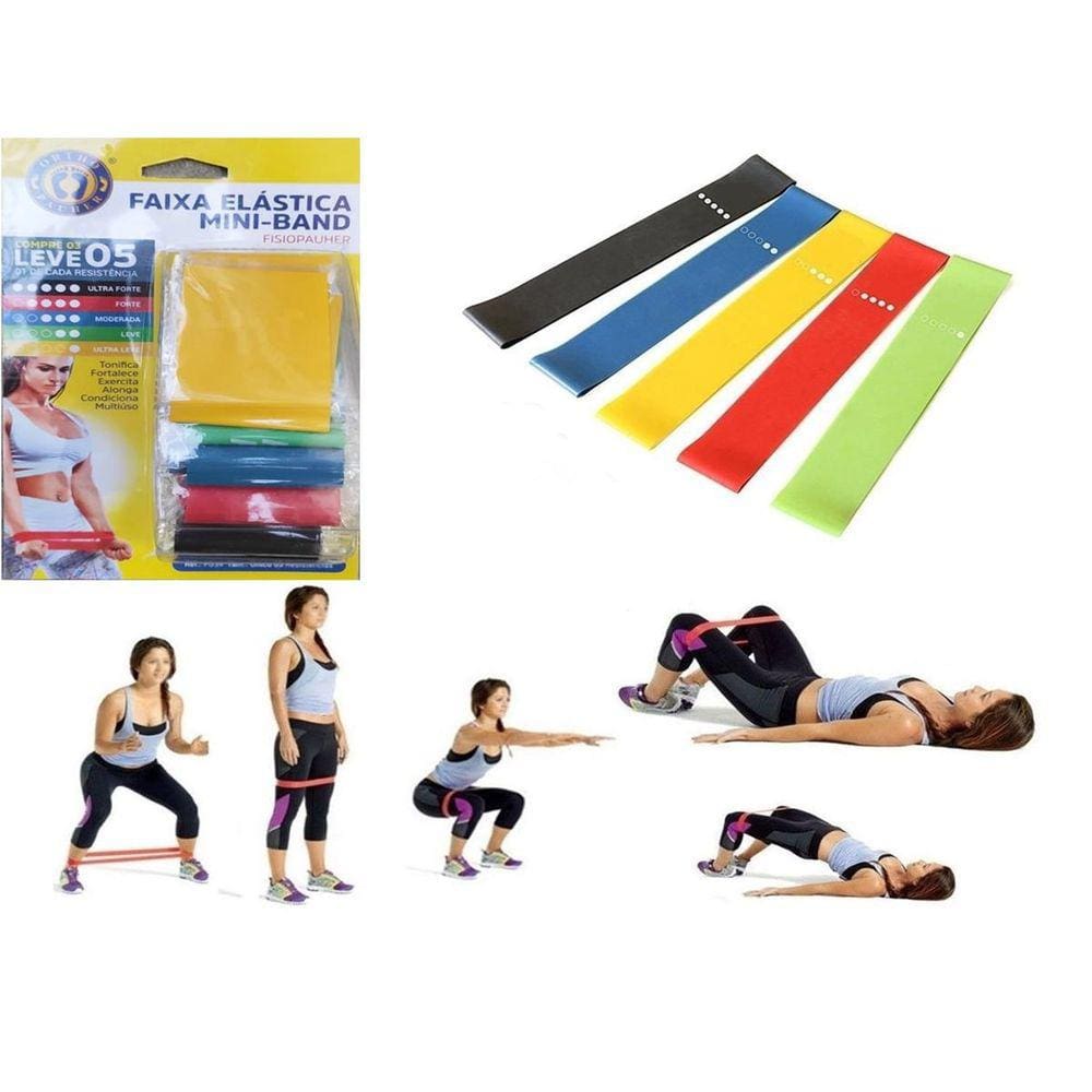 Kit Mini Band Faixa Elástica 5 Intensidade Pilates Funcional