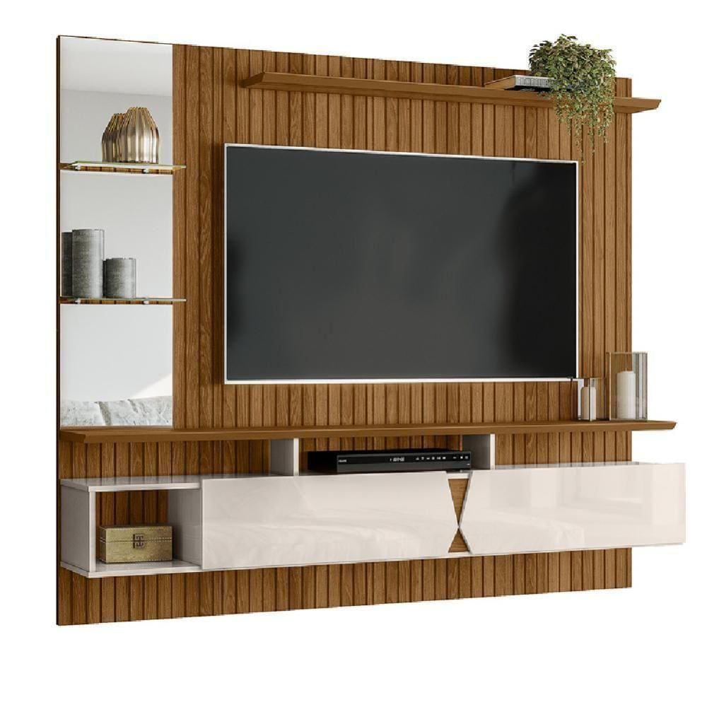 Painel Para Tv Até 55\" Com Espelho 1,83m Intense Ripado Impressão 3d Freijó/off White Perolizado