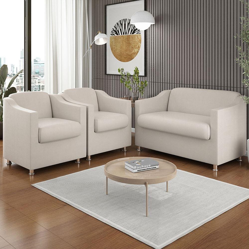 Kit 02 Poltronas Reforçada Clinica + Namoradeira Suede Tilla Cor:bege