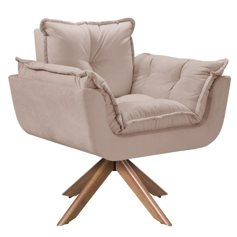 Poltrona Opala Giratória Madeira Suede Cappuccino