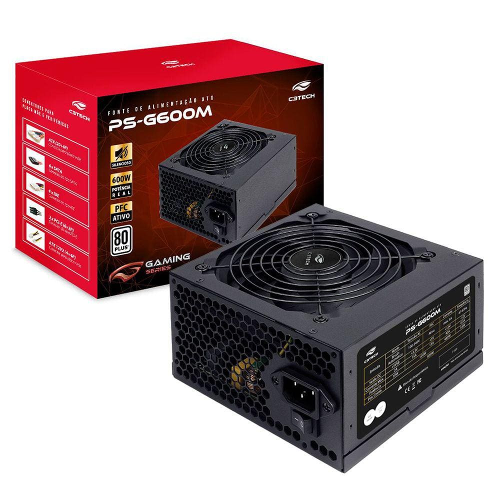 Fonte 600W ATX C3Tech PS-G600M, Bivolt Automático, 80 Plus White, PFC Ativo, Preta