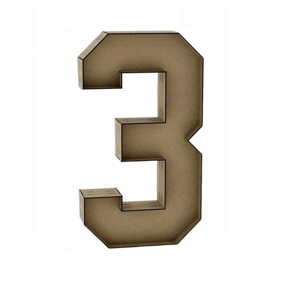 Número 3 Letra Caixa Grande Mdf 90Cm De Altura Decoração