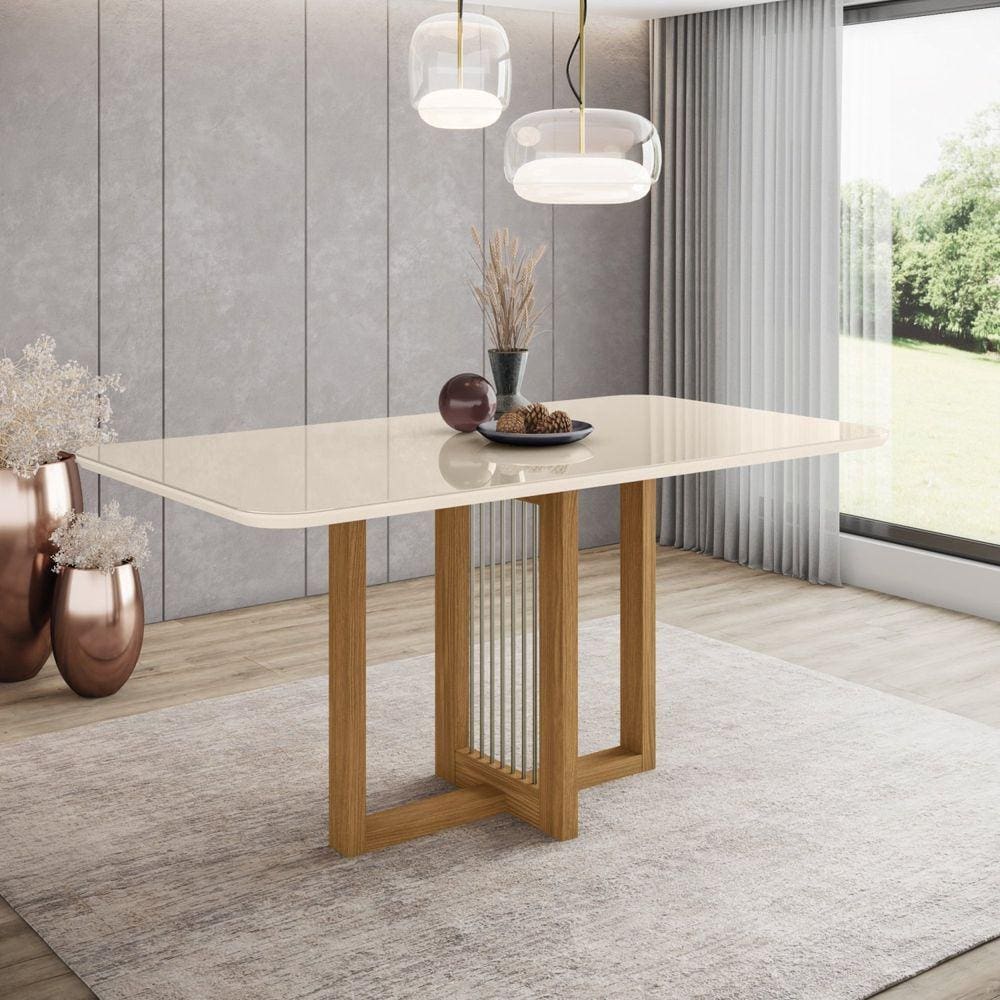 Mesa de Jantar 6 Lugares 160cm Tampo MDF e Vidro Canto Arredondado Natalí Marrom/Off White